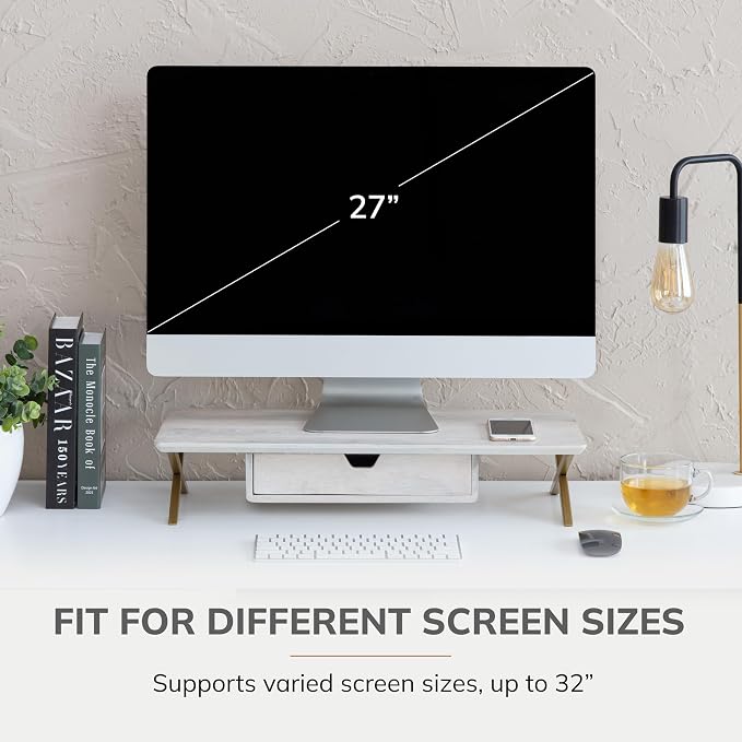 Anji Mountain Monitor Stand - Desktop Organizer & Laptop Riser, Ergonomic Monitor Riser, Space-Saving Monitor Stand for Desk, Durable Construction, Easy Assembly, Ideal for Home & Office,White Wash