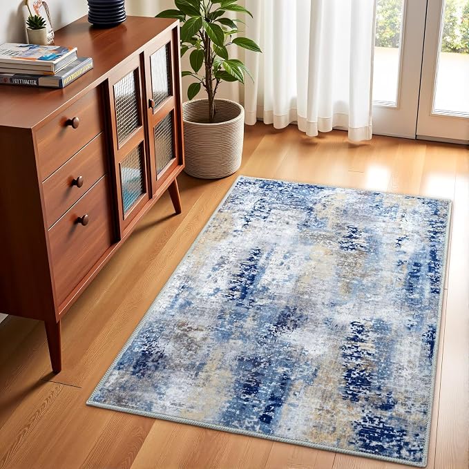 Macgace Washable Abstract Rug, 2x3 Small Modern Area Rugs with Non-Slip Rubber Backed for Kitchen, Thin but Soft Throw Carpet Bedroom Entryway Front Door Decor, Midnight Blue