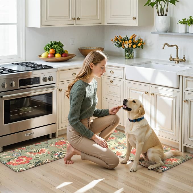LEEVAN Anti Fatigue Kitchen Mats for Floor, Cushioned Kitchen Mat Set 2PCS | 17.3"x29"+17.3"x47", Boho Floral Green Kitchen Rugs Non-Slip, Waterproof Ergonomic Standing Mats for Laundry, Office, Sink