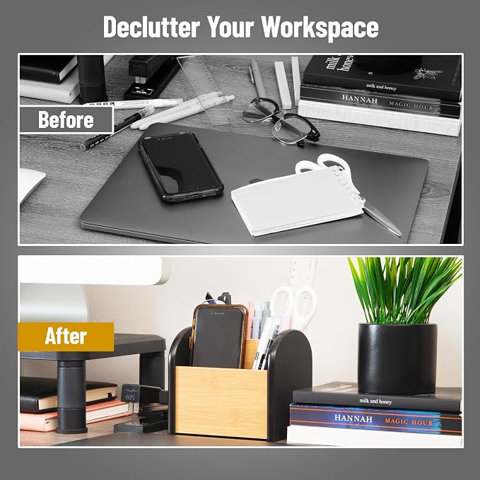 Mind Reader Desktop Organizer with 3 Compartments, Natural Wood and Matte Finish Sides, Compact Desk Storage, Wood, Black