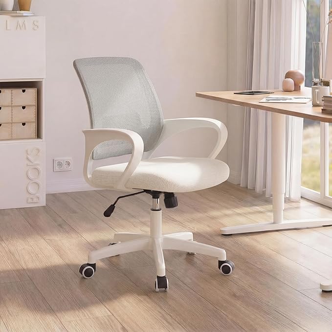 NEO Chair Office Desk Computer Ergonomic Chair Comfy Mid Back Mesh Seat with Lumbar Support Adjustable Height Swivel Rolling Wheels for Home Task Vanity Study Bedroom (Ivory-White Frame)