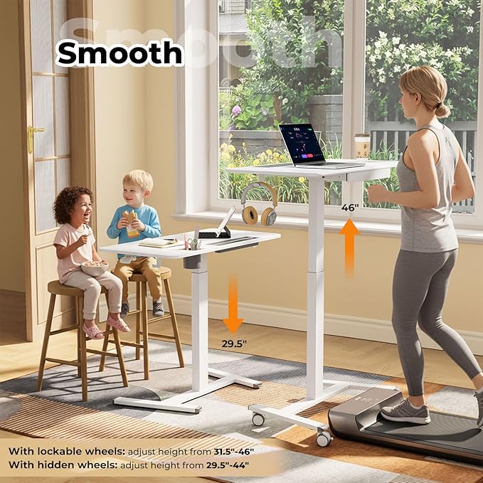 40"×20" Mobile Desk with Drawer, Rolling Desk with Storage | Height Adjustable Portable Laptop Desk on Wheels, Small Computer Desk with Cup Holder and Hooks for Study & Work, White