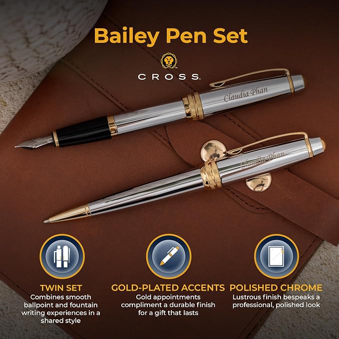 Cross Bailey Medalist Engraved Ballpoint and Fountain Pen Set, Chrome with 23K Gold Trim, Personalized Gift for Executives, Retirement, Career Advancement, Graduation, Gift Box Included
