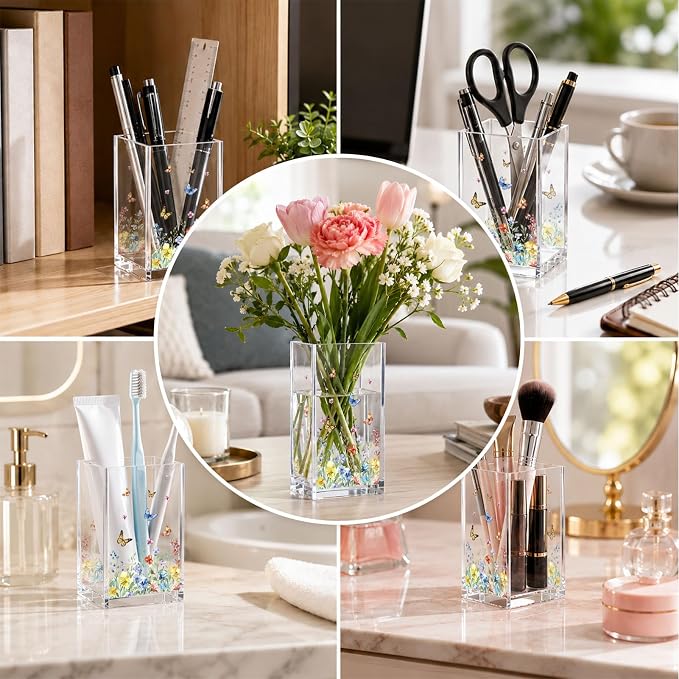 Flower Pen Holder Cup, Acrylic Pencil Organizer, Aesthetic Desk Decor, Minimalist Floral Office Accessories for Women