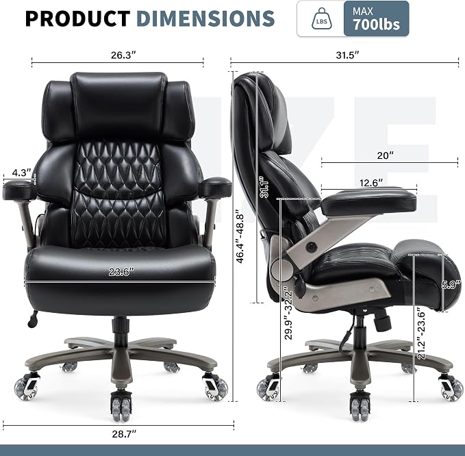 Big and Tall Office Chair 700lbs- Large High Back Executive Computer Desk Chair with 3D Flip-Up Arms, Adjustable Lumbar Support, Extra Wide Plus Size Seat, Heavy Duty Metal Base & Quiet Rubber Wheels