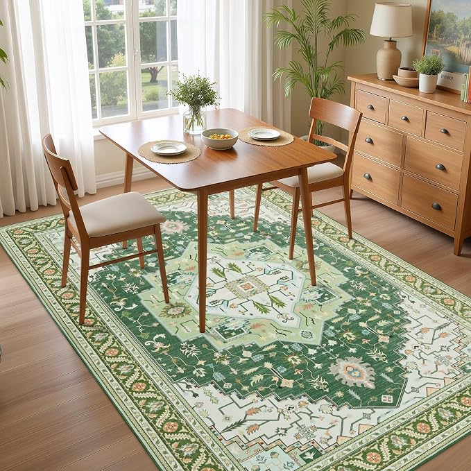 Macgace 5x7 Green White Area Rug for Living Room, Machine Washable Rugs with Non-Slip Backing for Bedroom, Vintage Medallion Carpet Dining Room Office Kids Room Decor
