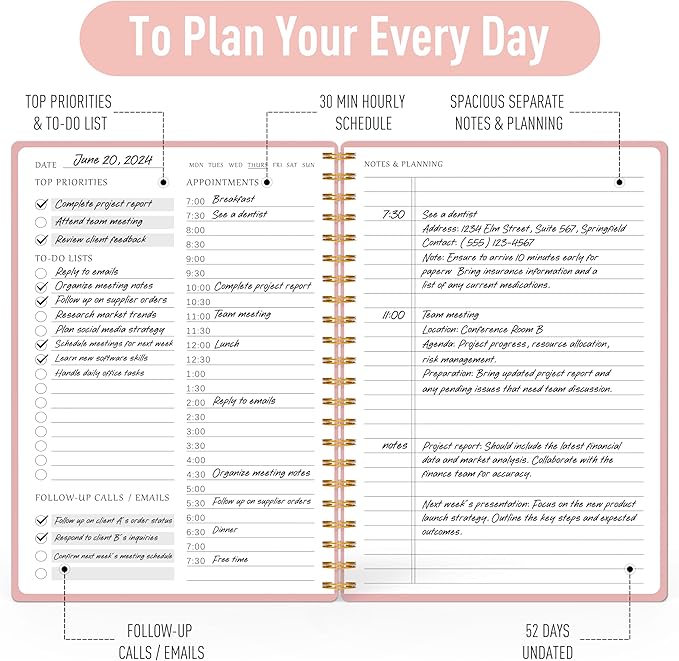 Daily Planner with Hourly Schedules - Undated To Do List Notebook, Spiral Bound, 5.5" x 8.5", Manage Your Tasks and Appointments, The Perfect Office Supplies for Women - Pink