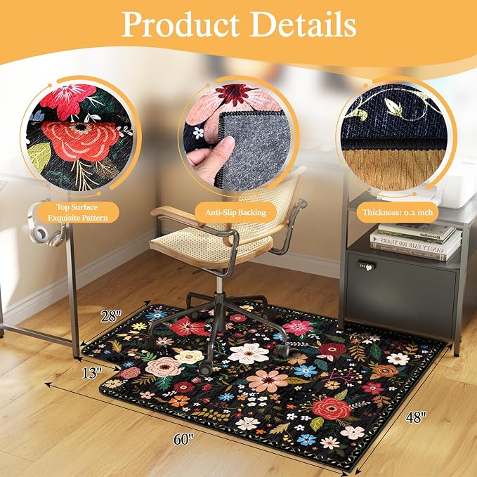 Office Chair Mat for Hardwood Floor & Tile Floor,48"X 60" Heavy Duty Desk Chair Mat for Hard Floors, Under Desk Rug for Rolling Computer Chair,Anti Slip,Low Pile Carpet Protector-Convex Colorful