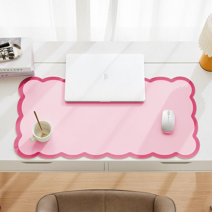 Scalloped Desk Mat, 31.5" x 15.7" Hot Double Pink Large Cute Aesthetic Desk Accessories, PU Leather Computer Laptop Desk Mouse Keyboard Pad, Desk Writing Mat for Vanity/Work/Home Decor Coral