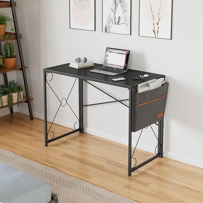 VECELO Folding Desk with Storage Bag 39 Inch Writing Desk Home Office Sturdy Steel Laptop Table for Home Office Work Dark Black