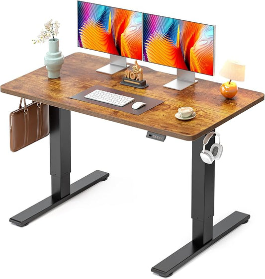 CubiCubi Electric Standing Desk 48 x 24 Inch, Height Adjustable Sit Stand Desk with Memory Presets, Splice Desktop Computer Desk for Home Office, Black Frame/Vintage Brown Top