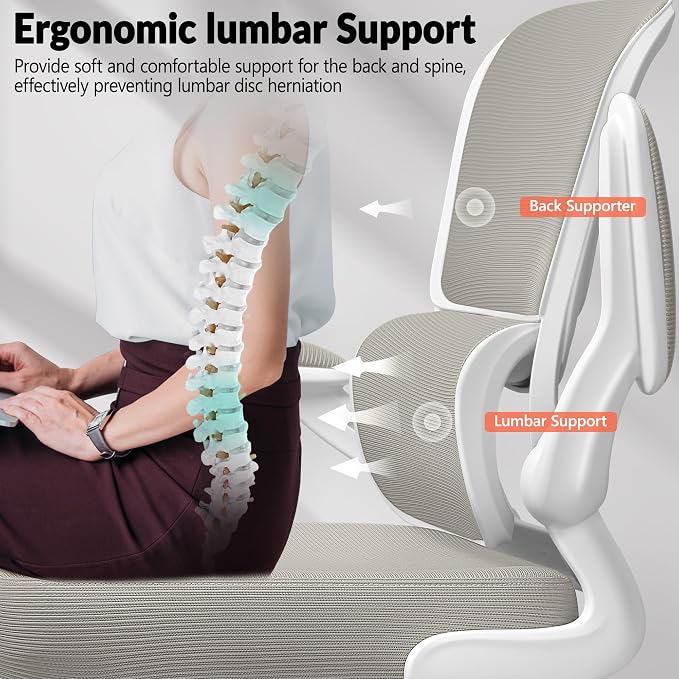 BESTFAIR Ergonomic Mesh Office Chair, Breathable Mesh Computer Desk Chair, Adjustable Lumbar Support, Flip-up Armrests, Executive Swivel Chair for Home Office, LightGray Pack of 2