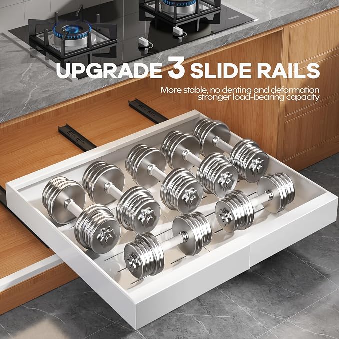 Seinloes 2 Pack Expandable Pull Out Cabinet Organizer 21"Deep With Raising Pad for Framed Cabinets,Upgrade 3 Slide Rails Slide Out Drawers,Roll Out Shelves Adhesive,Adjustable Width 15.15"-26.3" White