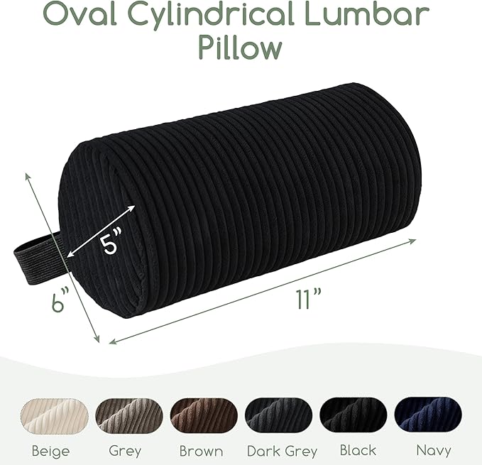 HIGOGOGO Lumbar Roll Lumbar Support Pillow for Office Chairs, Cars, and Gaming Chairs, Back Cushion with Washable Cover & Adjustable Strap to Relieve Back Pain and Improve Posture, 11"x6"x5", Black