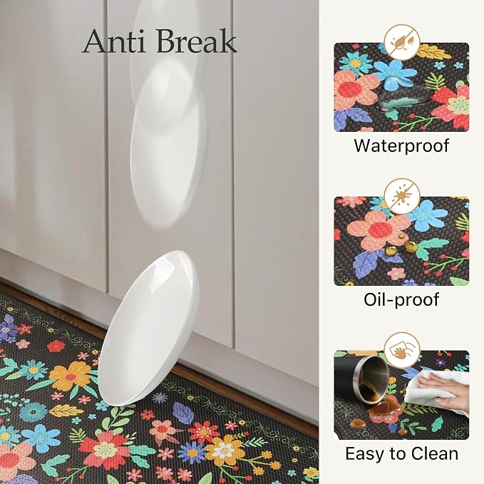 GENIMO Anti Fatigue Kitchen Mats for Floor 2PCS, Cushioned Standing Mats | 17.3"x47"&17.3"x30", Mix Black vintage floral rug set, waterproof, non slip, easy-clean for farmhouse