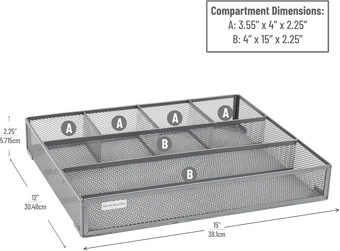 Mind Reader 6-Compartment Drawer Organizer, Metal Mesh Desk Organizer for Office, Kitchen, Utensils, Supplies, Set of 2, Silver