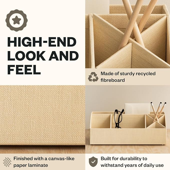 Bigso Elisa Desktop Organizer - Durable Office Desk Organizer with 7 Compartments for Office Supplies - Desk Caddy for Customizable Organization - 13in x 4.9in x 4.9in - Cream