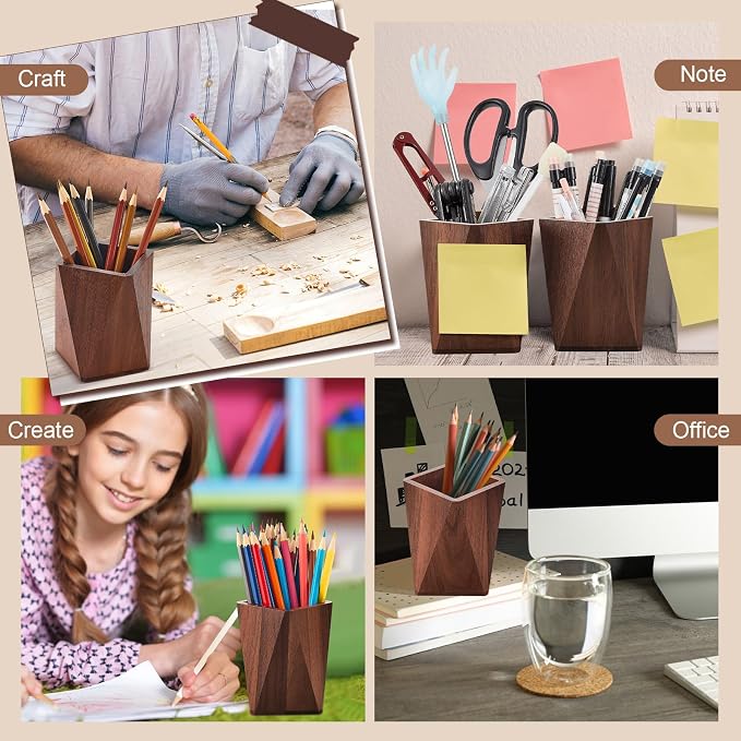 2 Pcs Wood Pen Pencil Holder Geometric Pencil Cup Stand Makeup Organizer for Pen Holder Desk Home Office Adults(Black Walnut)