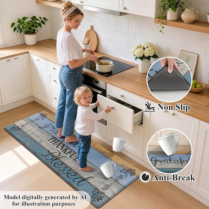 HEBE Anti Fatigue Kitchen Rugs Set of 2, Non Slip Cushioned Kitchen Mats for Floor, Waterproof Farmhouse Kitchen Carpet Set Comfort Standing Desk Mat for Sink,Office,Laundry