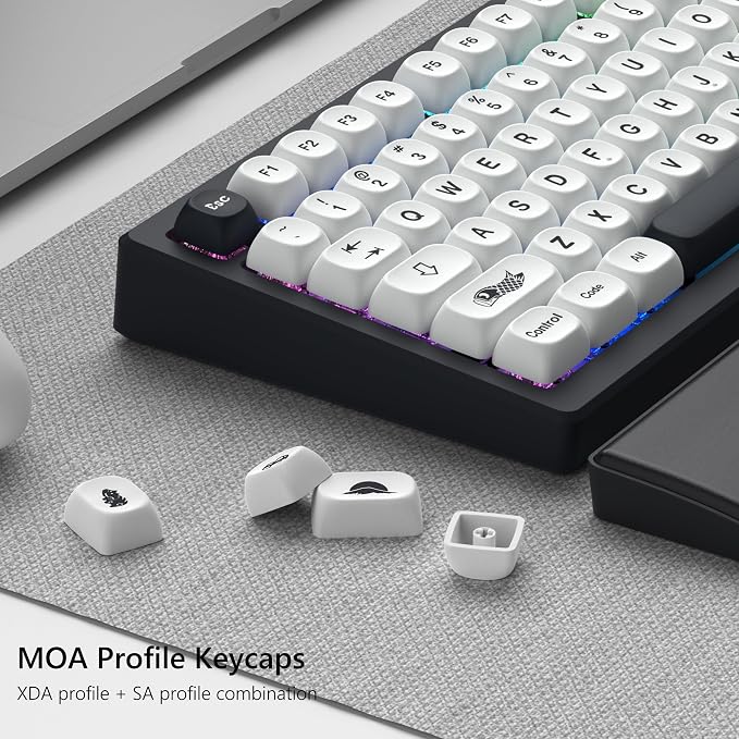 Womier Japanese MOA Keycaps, PBT Keyboard Keycaps for Mechanical Keyboard, Custom Cute White Key caps Dye-Sublimation for 60% 65% 75% 100% Percent Cherry MX - White and Black
