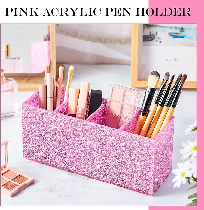 Jetec Acrylic Glitter Pen Holder 4 Compartments Bling Makeup Brush Stationery Organizer Pencil Holder for Desk Accessories Sparkly Gifts for Women Birthday Valentines Desktop Workplace Office(Pink)