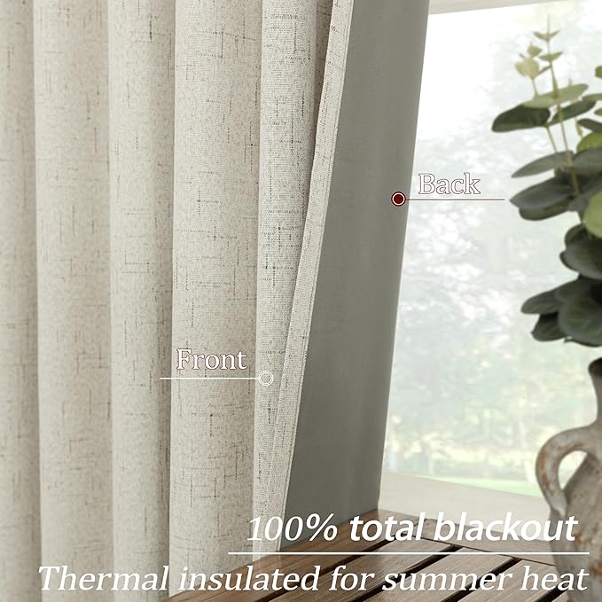 KOUFALL 9FT 9 FT Long Linen Blackout Curtains,Greyish Beige Boho Black Out Pleated High Ceiling to Floor Length Curtains for Living Room Bedroom 2 Panels Set