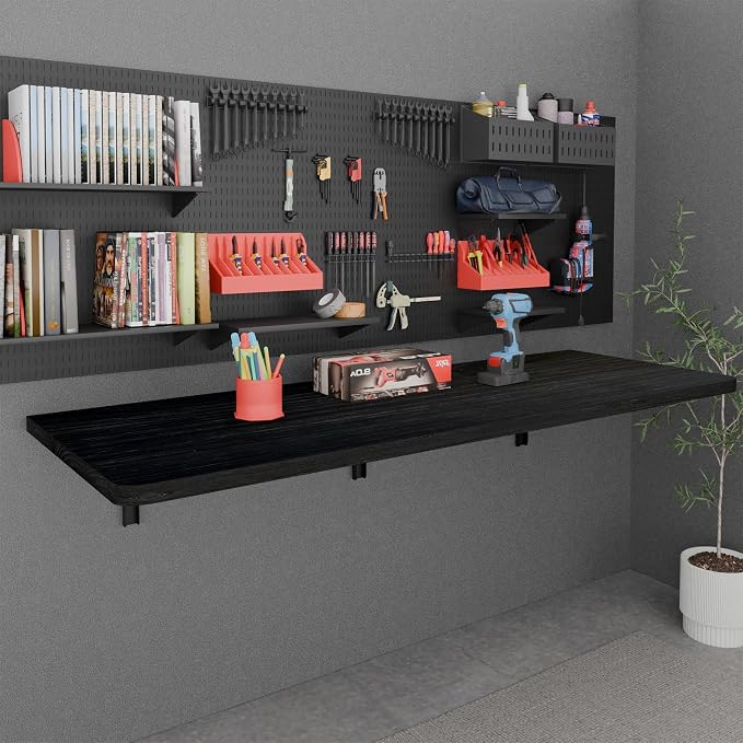IAE Floating Wall Mounted Folding Table Desk with Pine Wood,60" x 22" Foldable Workbench,Fold Down Wall Mounted Foldable Desk with Shelf Brackets,Laundry Folding Table for Home,Dining,Kitchen, Black