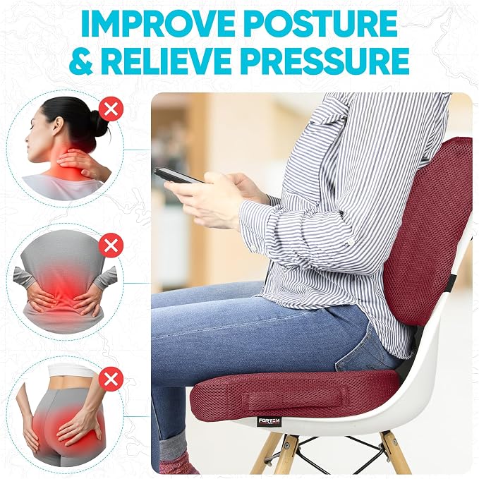 FORTEM Seat Cushion, Office Chair Cushion, Lumbar Support Pillow for Office Chair, Memory Foam Car Seat Cushions, Sciatica Coccyx Tailbone Pain Relief, Cushions for Back Support, Washable, Non Slip