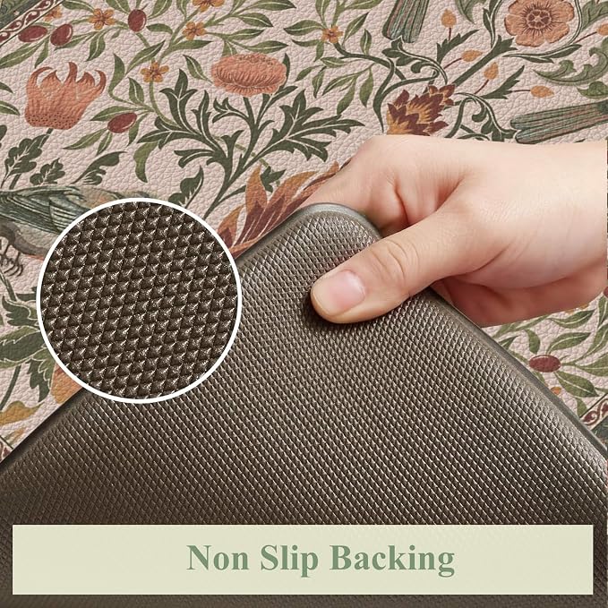 KIMODE Kitchen Mats Anti Fatigue,Cushioned Kitchen Rugs Runner | Olive Green,Boho Floral Bird Kitchen Rugs Non Slip ,Wide Long Memory Foam Kitchen Floor Mat for Laundry Sink Office Home