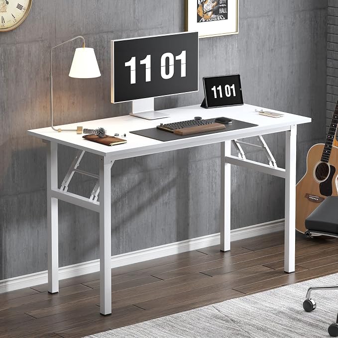 sogesfurniture Modern Foldable Computer Desk 47 inches, No Assembly Sturdy Laptop Workstation for Home Office, Portable Folding Study Table Writing Gaming Desk for Small Spaces, White