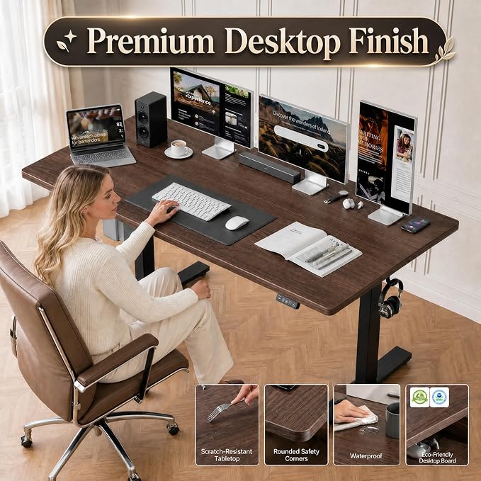 Grandder 63x32 Large Electric Standing Desk, Height Adjustable Computer Desk with 2 Memory Presets, 31.5" Deep Desktop Sit Stand Desk Home Office Desk Workstation Table with Hooks, Walnut