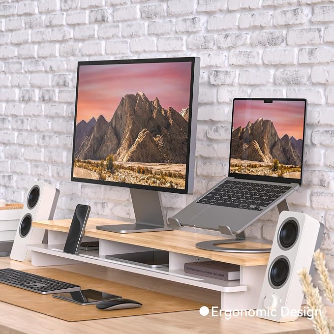 42.5" Dual Monitor Stand Riser with Phone Holder Desk Shelf White | Double Computer Monitor Stand for 55-72" Desk Wood Storage Organizer Cozy Computer Setup Workplace Organizer Keyboard Storage
