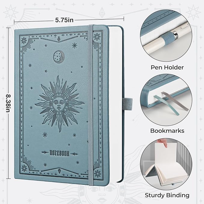 EMSHOI Blank Notebook Journal - 320 Pages, 100gsm Thick Paper, A5 Hardcover Leather, Art Sketchbook for Drawing, Unlined, Plain Sketch Book for Women Men Work Writing, 5.75 X 8.38, GrayBlue
