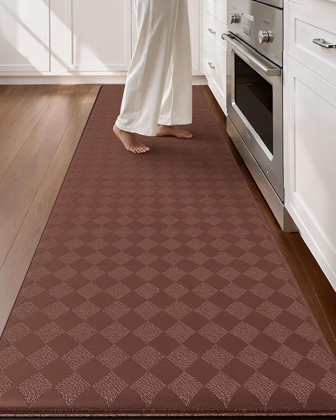 Color&Geometry Checkered Wide Long Kitchen RunnerAnti Fatigue 24x94, Brown | Waterproof & Oil Proof, Easy Clean PVC Large Kitchen Rug For Busy Family, 0.4in Thick Cushion For Long Standing, Non Slip