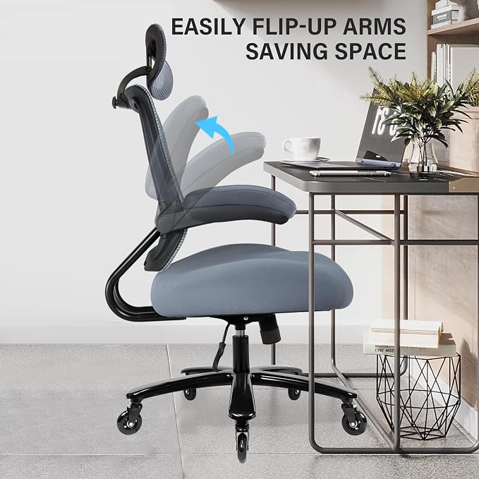 500lbs Big and Tall Office Chair - Heavy Duty Mesh Ergonomic Desk Chair with Headrest, High Back Computer Chair - Flip-up Armrests, Wide Thick Seat Cushion, Quiet Wheels, Grey