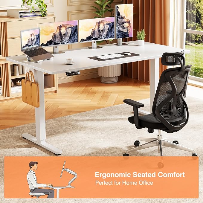 Sweetcrispy Electric Standing Desk Adjustable Height, 55x24 Inch Sit Stand Up Home Office Desks Computer Workstation PC Work Table with 3 Memory Preset Splice Wood Board Metal Frame, White
