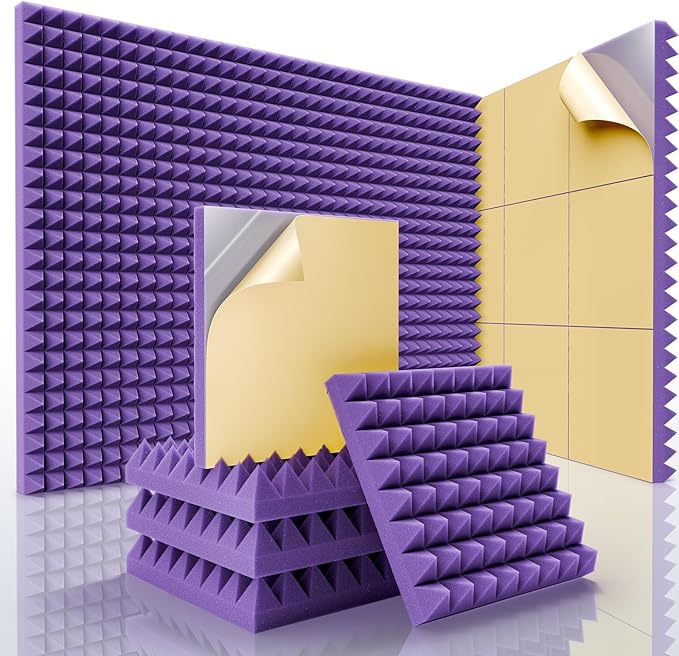 Sonicism Sound Proof Foam Panels for Walls Self-Adhesive 12 Pack Pyramid 1" X 12" X 12" Soundproof Wall Panels High Density Acoustic Panels Foam Fast Expand,Sound Absorption & Decoration,Purple