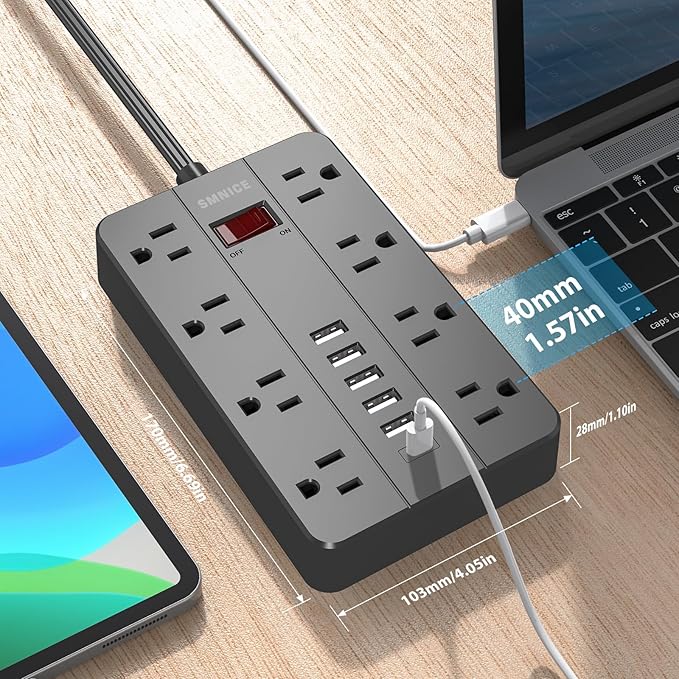 10 Ft Extension Cord Power Strip, SMNICE 8 Widely Spaced Outlets and 6 USB (1 USB C) Charging Ports Flat Plug Power Strip, Desktop Power Cord for Travel Home Office Accessories Black
