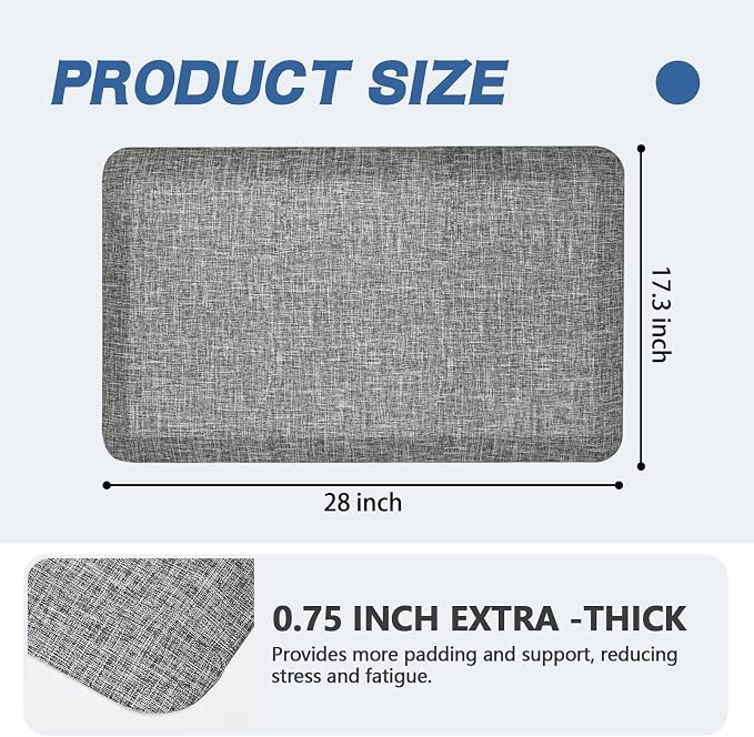 Anti Slip 3/4 inchs Anti Fatigue Kitchen Floor Mat, Ergonomic Comfort Standing Mat, Waterproof Kitchen Runner for Home, Kitchen, Office, Laundry, Garage (Light Gray, 17.3" x 28" -0.75")
