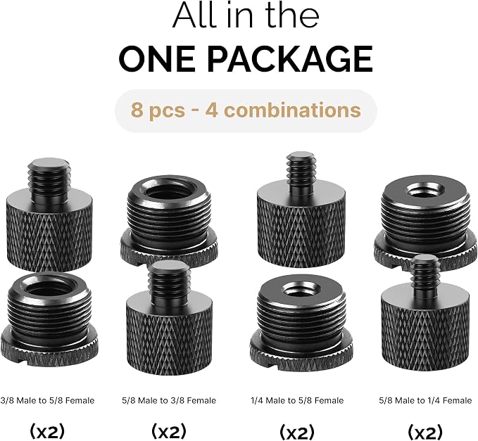 IXTECH Mic Stand Adapter Set 8 pieces Metal Microphone Stand Screw Thread Adapter 5/8 Female to 3/8 Male 3/8 Female to 5/8 Male 5/8 Female to 1/4 Male 1/4 Female to 5/8 Male Tripod Adapter ADP02A Blck