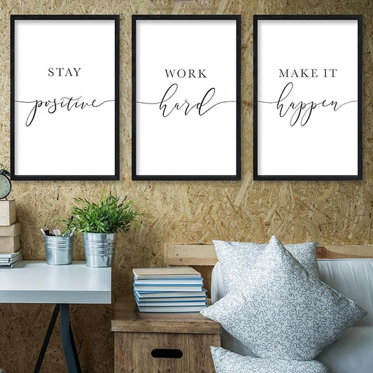 RLWangChao Inspirational Quotes Wall Art Decor 16"X24" 3 Piece Modren Office Stay Positive Work Hard Make It Happen Motivational Wood Framed Sign Living Room Positive Wall Hanging Decoration (Black)