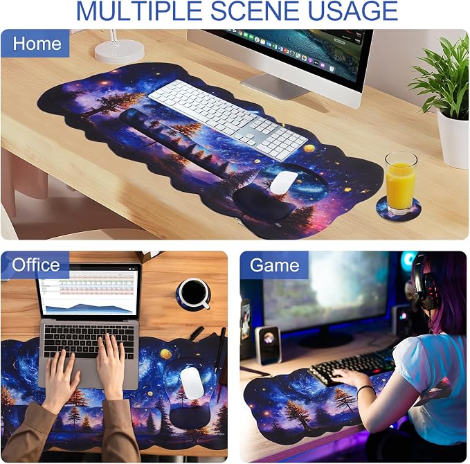 Petmolico Desk Pad Set with Wrist Rest for Keyboard & Mouse, Night Sky | Anti-slip PU base, durable Lycra & memory foam, relieves wrist fatigue, perfect for work, home & daily use