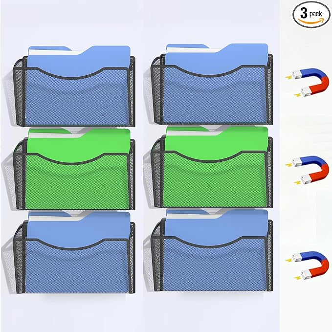 Gawerk Mesh Hanging Wall File Holders, Metal Vertical Wall Basket Mail Organizer for Office/Home (Black, 6 Pack Magnetic)