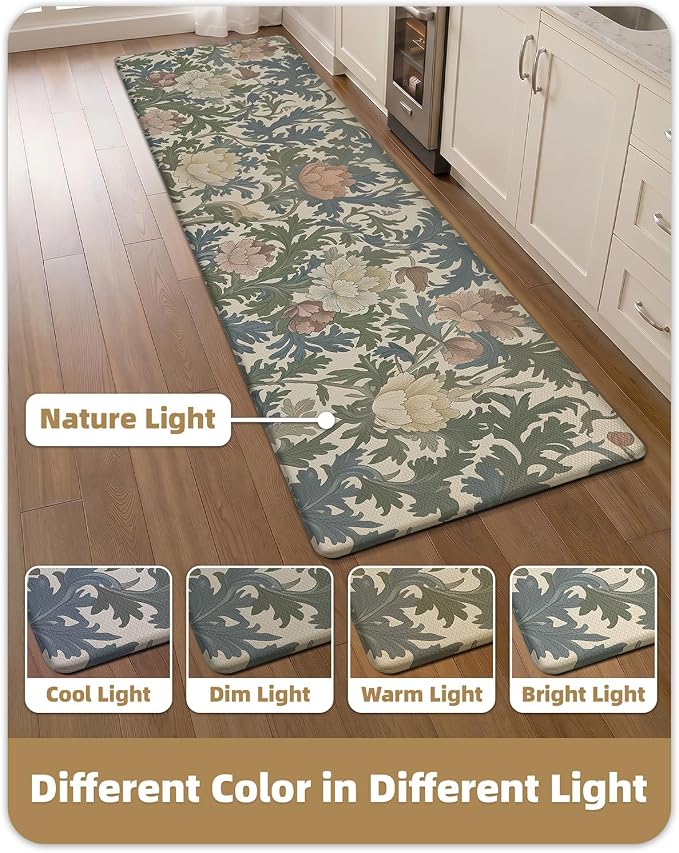 Color&Geometry Natural Floral Kitchen Mat 24x87 Anti Fatigue, Multi Color | 0.4in Thick Cushioned Standing Mat For Cooking/Working/Laundry, Flower Home Decor, Non Slip PVC Kitchen Rug, Oil/Water Proof