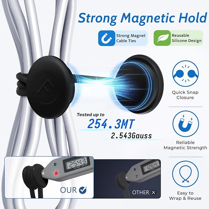 COOLMI Magnetic Cable Ties 8 Pack, 6.88 Inch Reusable Silicone Cord Organizer Wraps, Strong Magnet Cable Management Straps for Charging Cords, USB Cables, Earbuds, Desk, Travel, Black and White
