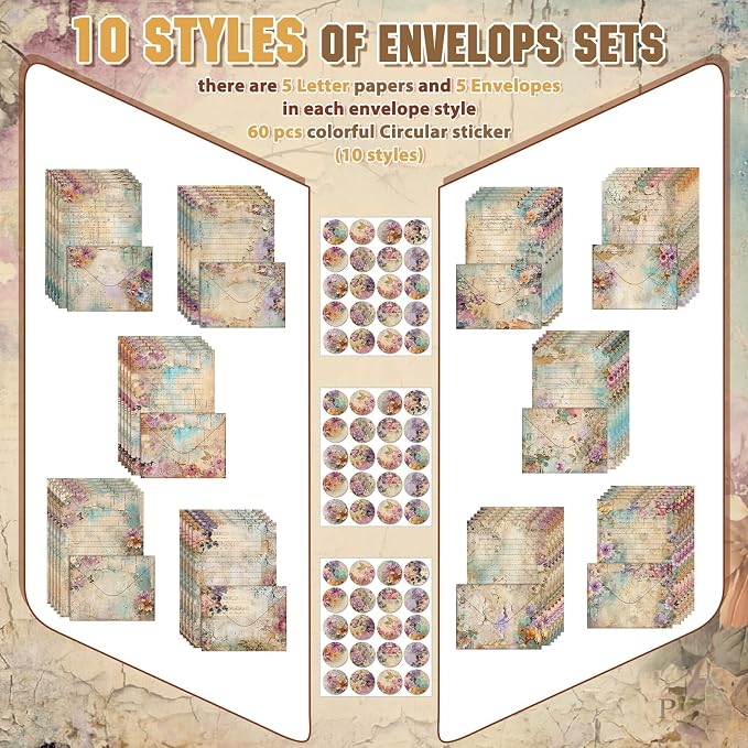 TaoBary 160 Pcs Stationery Paper Kit 50 Double Sided Stationery Papers with 50 Matching Envelopes and 60 Round Dot Sticker, 10 Design (vintage Floral, 8.25 x 5.5 Inch)