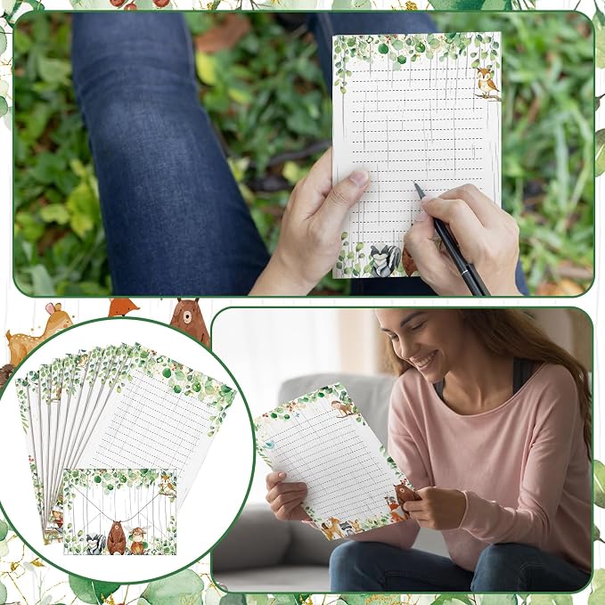 TaoBary 160Pcs Stationery Paper Set 50 Double Sided Stationery Papers with 50 Matching Envelopes and 60 Round Dot Sticker, 10Design (Woodland Animal,5.5 x 8.25 Inch)