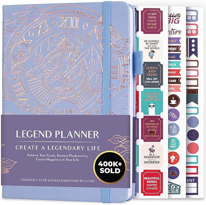 Legend Undated Weekly Planner – Goal Planner Journal & Organizer Notebook – Agenda Book with Monthly Calendar & To-Do List, A5 (Periwinkle, Gold)