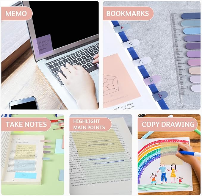 Pastel Transparent Sticky Notes, 550 Sheets Morandi Clear Sticky Tabs, Translucent Page Flags Book Markers Stickers, Bible Journaling Study Office School Supplies