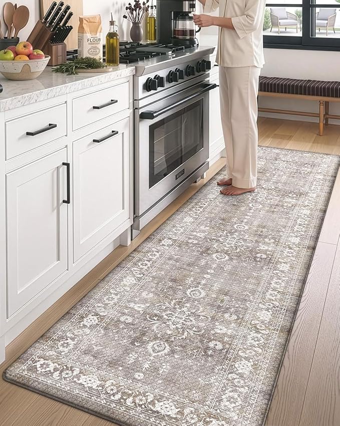 DEXI Kitchen Floor Mats Cushioned Anti Fatigue, 23x107 Long Wide Standing Comfort Runner Rug, Waterproof Retro Floral Memory Foam Padded for Front Sink Laundry, Beige Grey